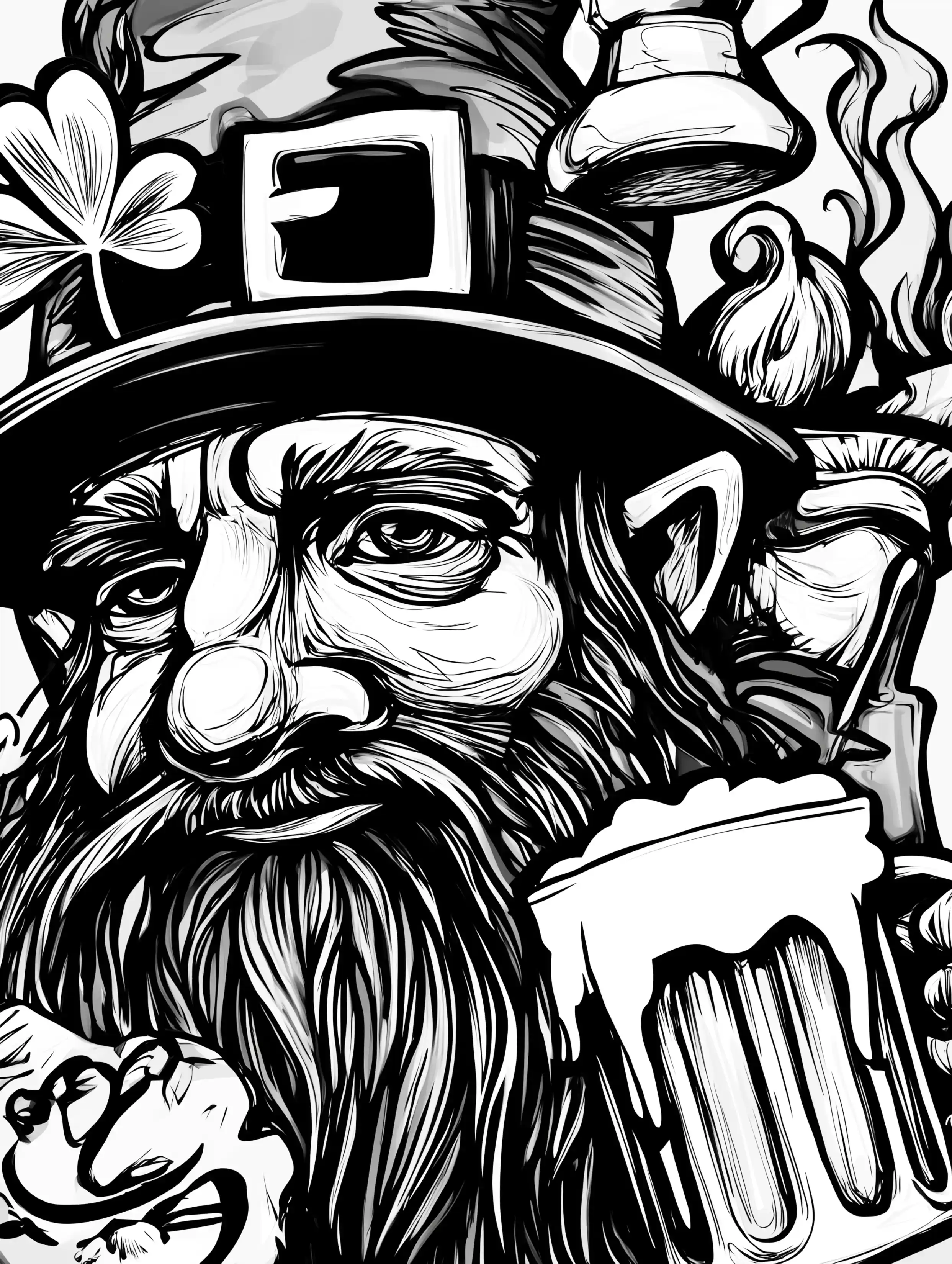 Free printable St Patricks Day coloring page for adults featuring a leprechaun drinking from a mug